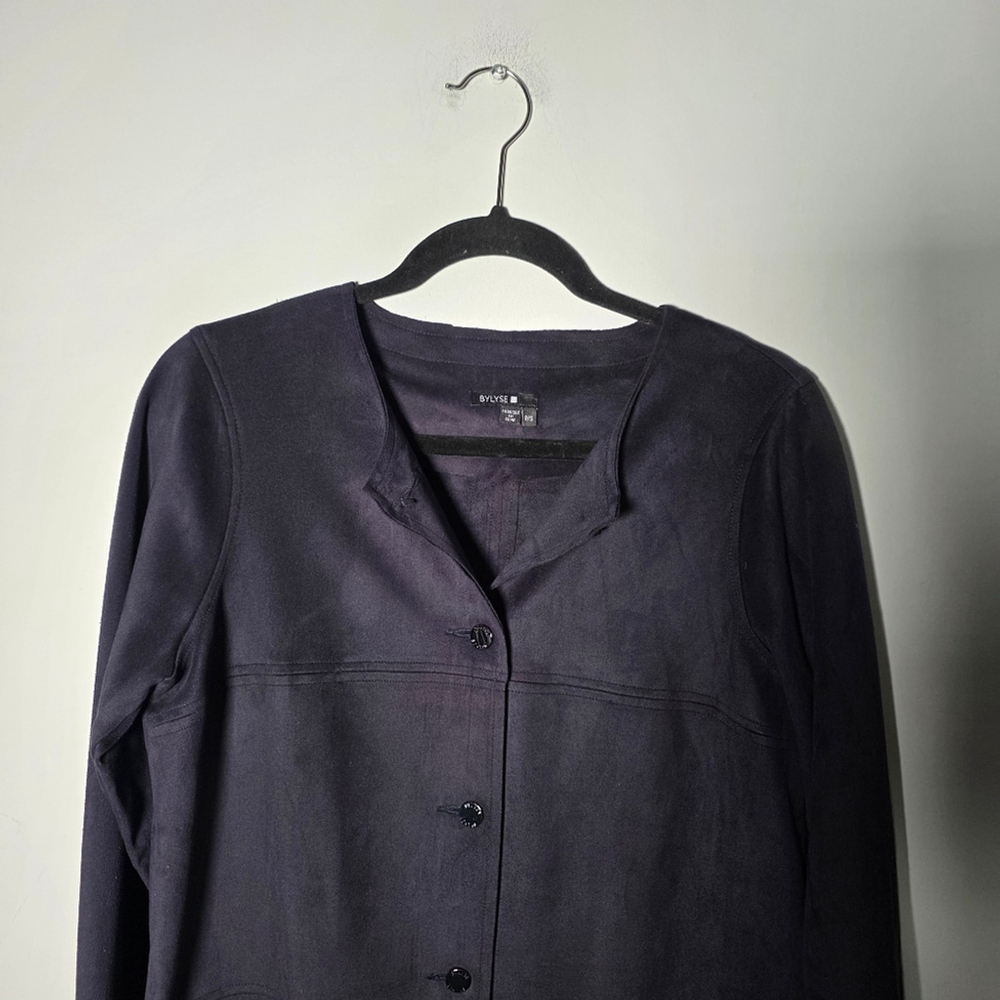 Bylyse Longline Faux Suede Jacket Navy Button Front Pockets Small - Picture 11 of 12